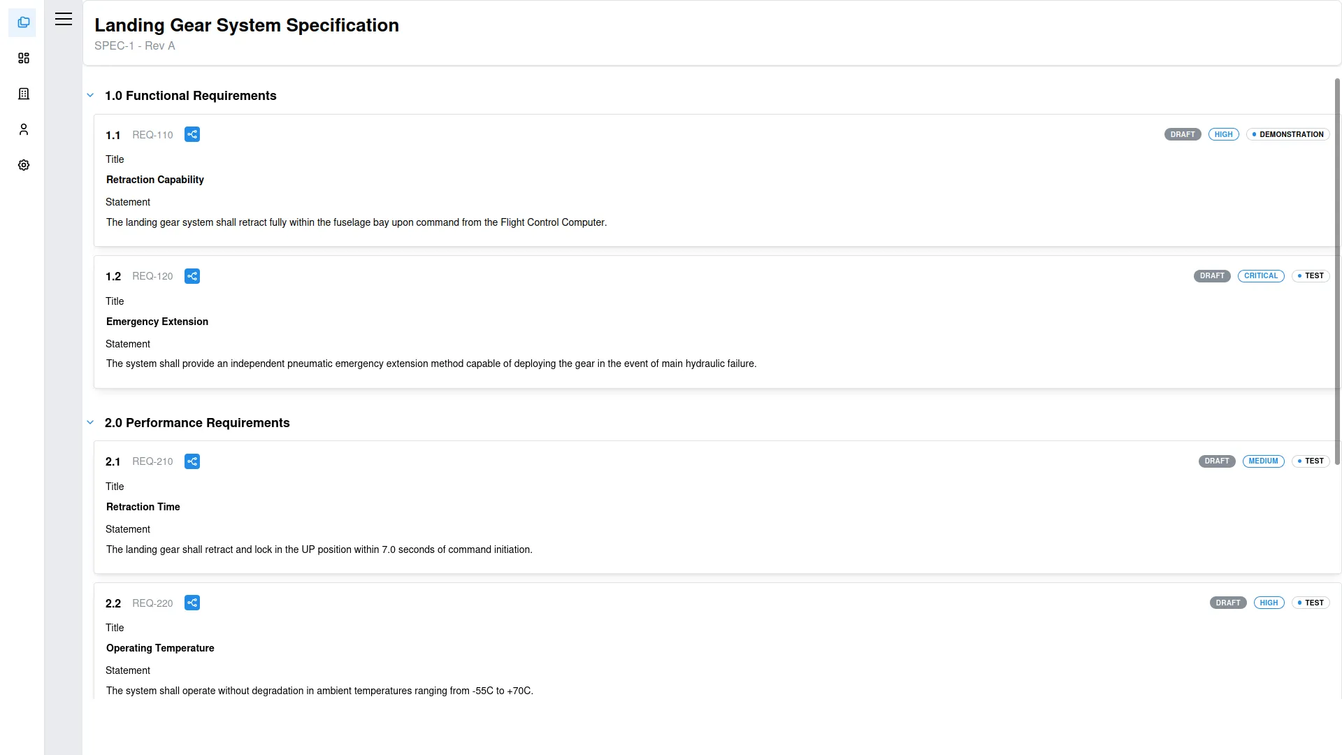 Requirements view showing grouped requirement cards with priority, status and verification-method labels.
